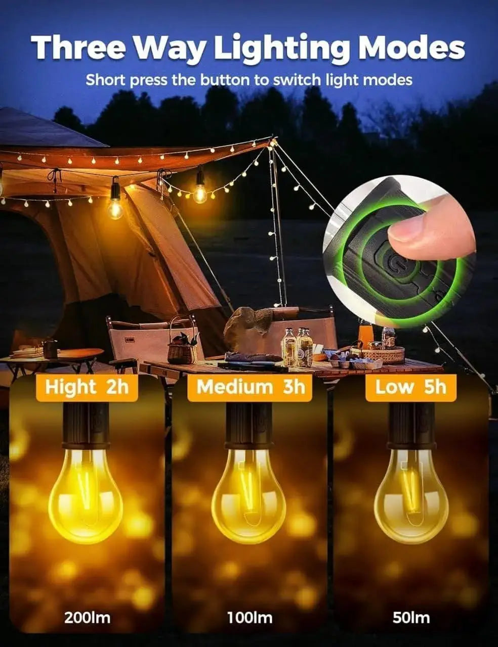 Fast-Charging Portable LED Bulb Light – USB Rechargeable Camping Lantern with Carabiner Hook