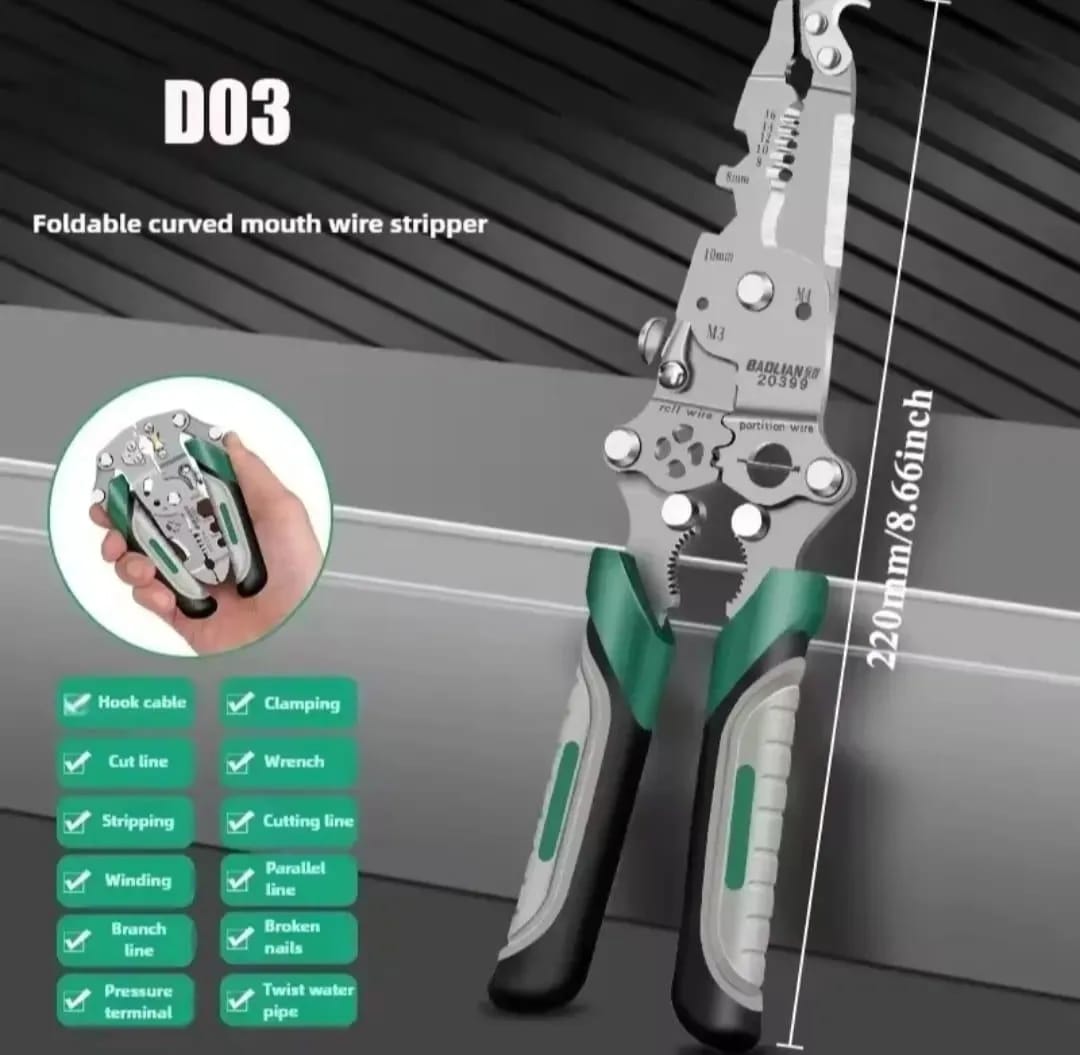 Heavy Duty Folding Electrical Pliers, Wire Crimper, Screw Shearing & Cable Splitter